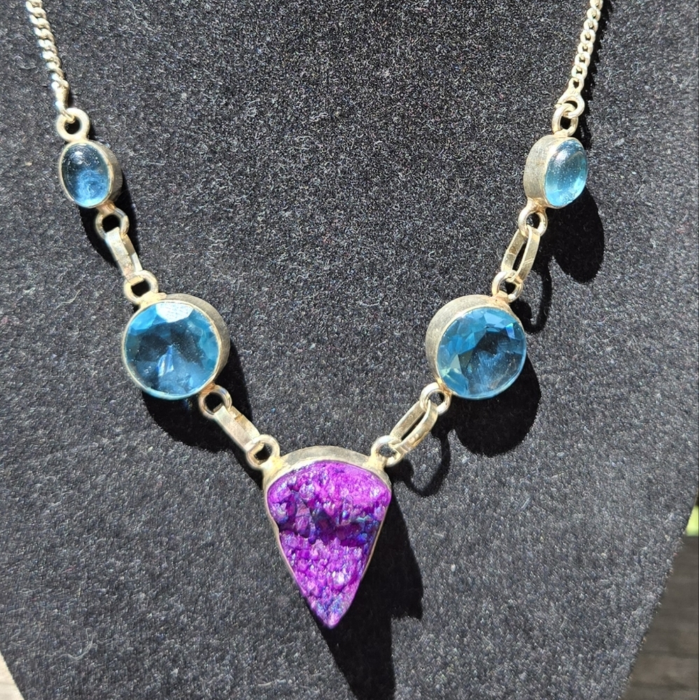 Amethyst Drutzy Topaz & Tanzanite Crystal Gemstone Sterling Necklace 18" - Picture 6 of 9